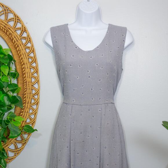 Vtg 90s Gray Blue Pleated Maxi Dress Micro Check Floral Embroidery Sleeveless - Picture 8 of 13
